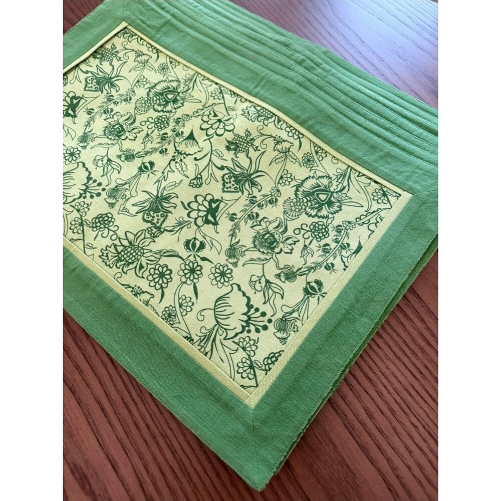 Set of 8 Green Cream Jacobean Floral Fabric Placemats Cottagecore Dining